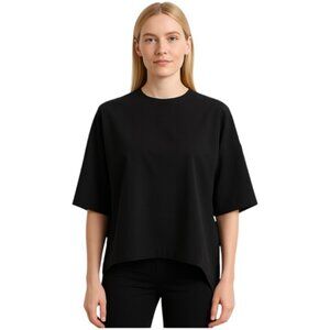 Third Form Small Black Crewneck Short Dolman Sleeve Asymmetrical Hem Boxy Top